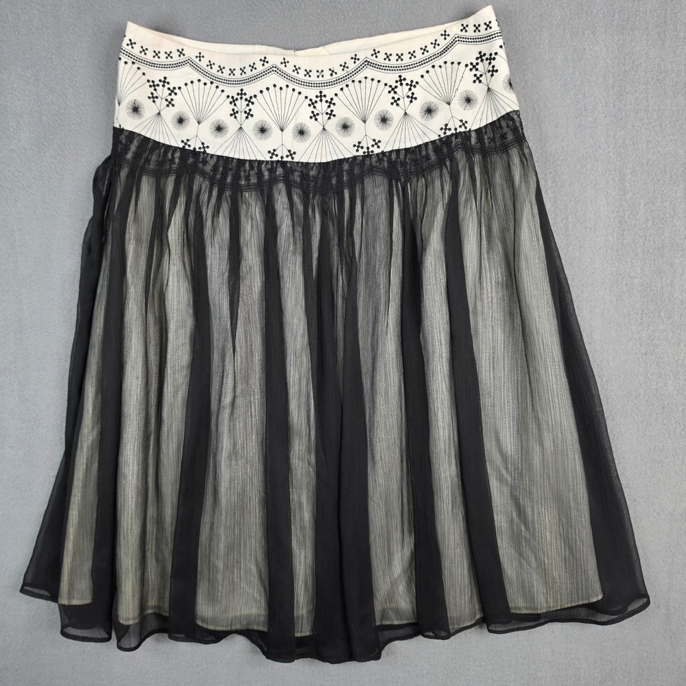 DStudio Women Black White Linen Chiffon Embroidered Boho A-Line Midi Skirt 10